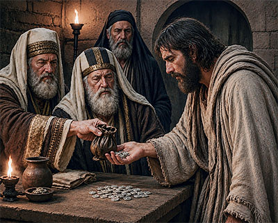Judas agrees to betray Jesus for 30 pieces of silver.